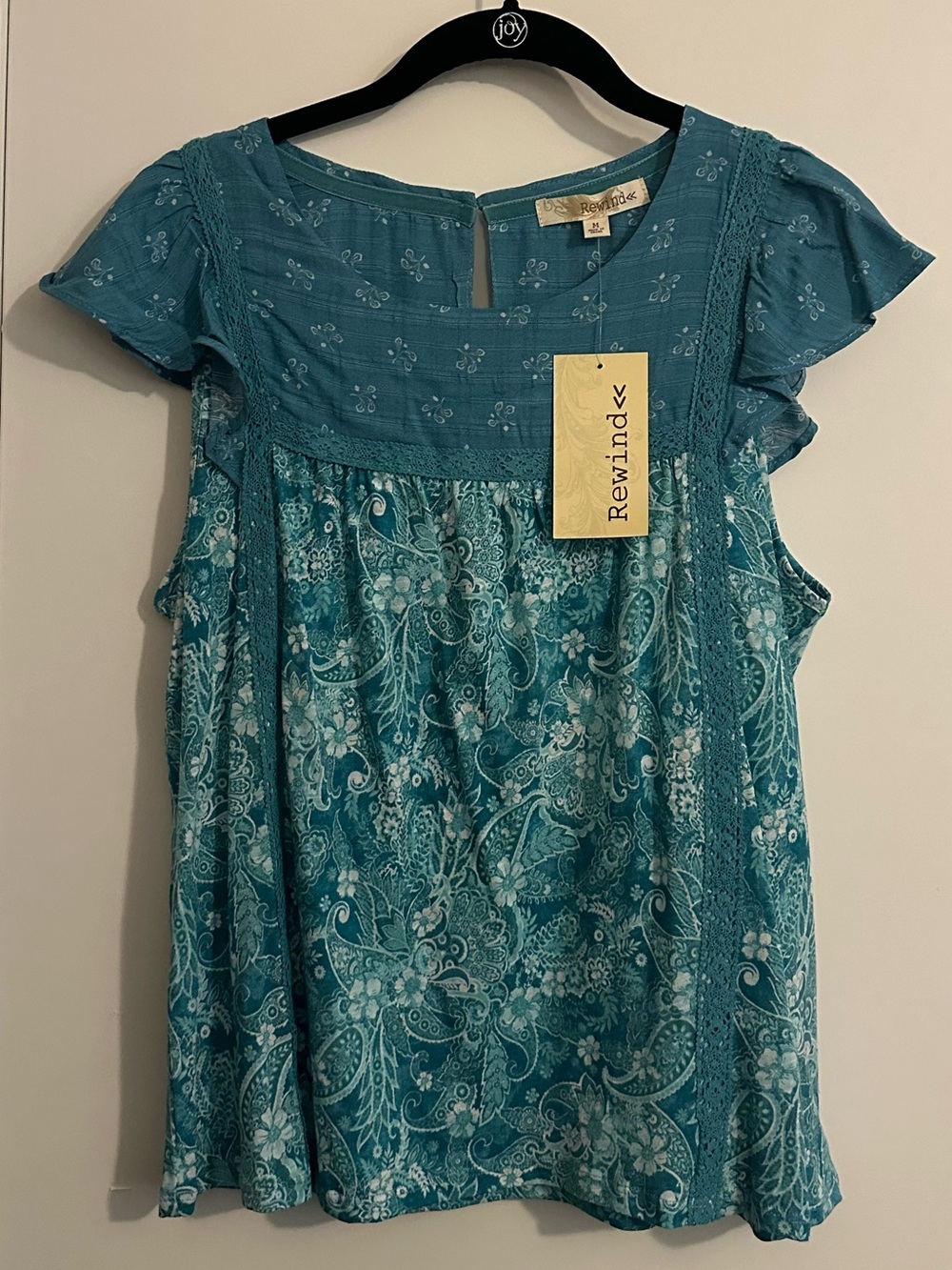 Rewind Teal Paisley Lace-Trim Peasant Blouse
